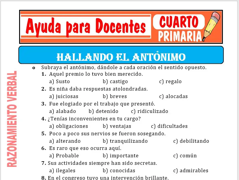 Modelo de la Ficha de Hallando el Antónimo para Cuarto de Primaria