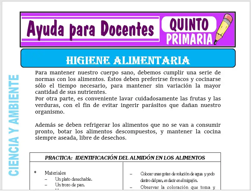 Modelo de la Ficha de Higiene Alimentaria para Quinto de Primaria