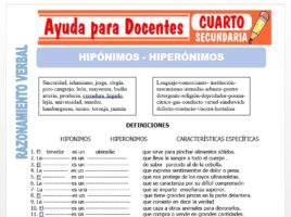 Modelo de la Ficha de Hipónimos y hiperónimos para Cuarto de Secundaria