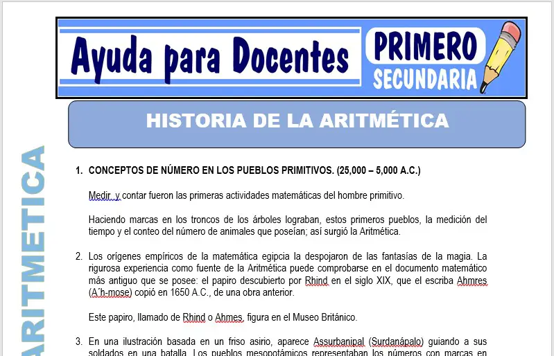 Modelo de la Ficha de Historia de la Aritmética para Primero de Secundaria
