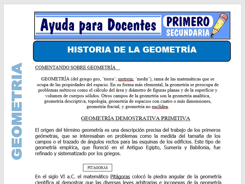 Modelo de la Ficha de Historia de la Geometría para Primero de Secundaria