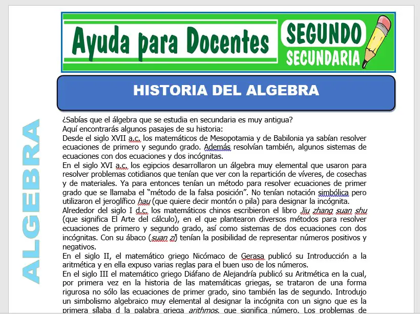 Modelo de la Ficha de Historia de la Algebra para Segundo de Secundaria
