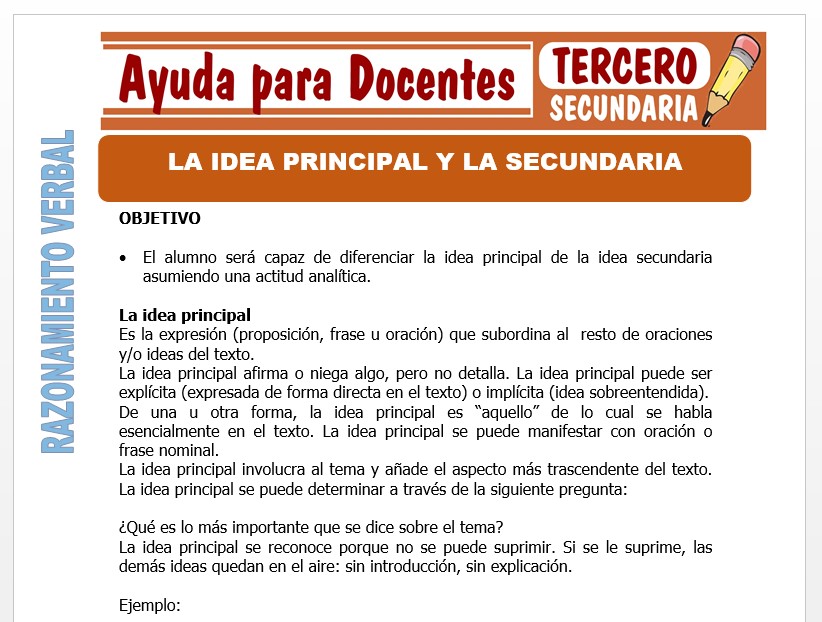 Modelo de la Ficha de La Idea Principal Y la Secundaria para Tercero de Secundaria Modelo de la Ficha de La Idea Principal Y la Secundaria para Tercero de Secundaria