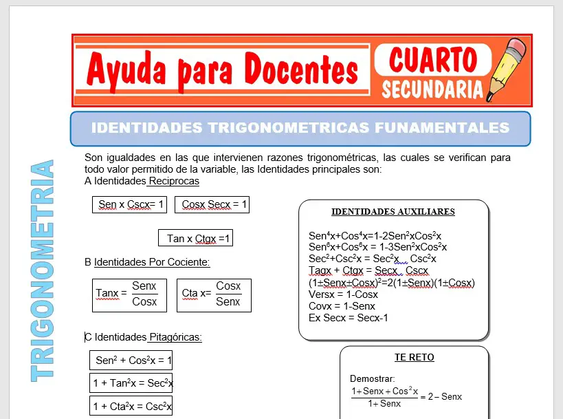 Modelo de la Ficha de Identidades Trigonométricas Fundamentales para Cuarto de Secundaria Modelo de la Ficha de Identidades Trigonométricas Fundamentales para Cuarto de Secundaria