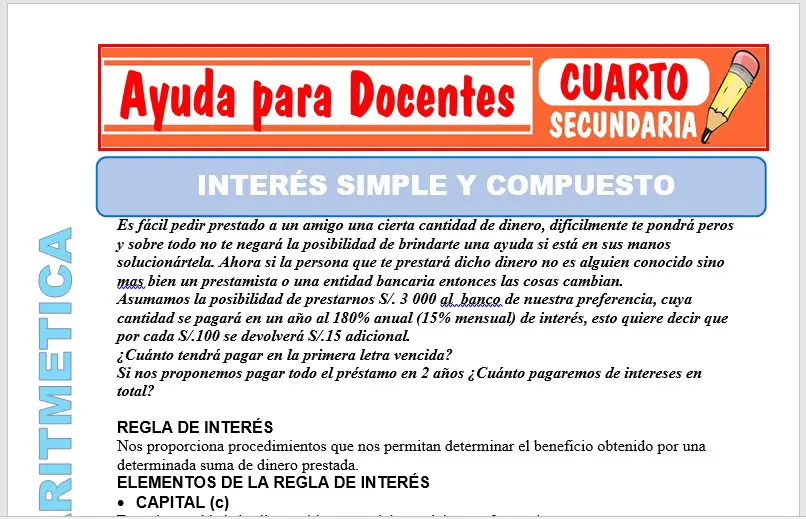 Modelo de la Ficha de Interés Simple y Compuesto para Cuarto de Secundaria