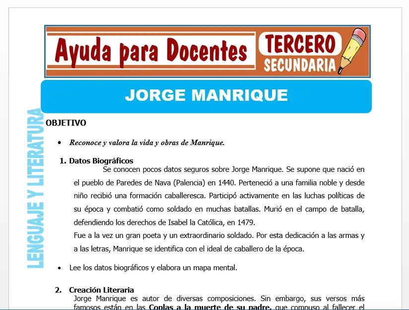 Modelo de la Ficha de Jorge Manrique para Tercero de Secundaria