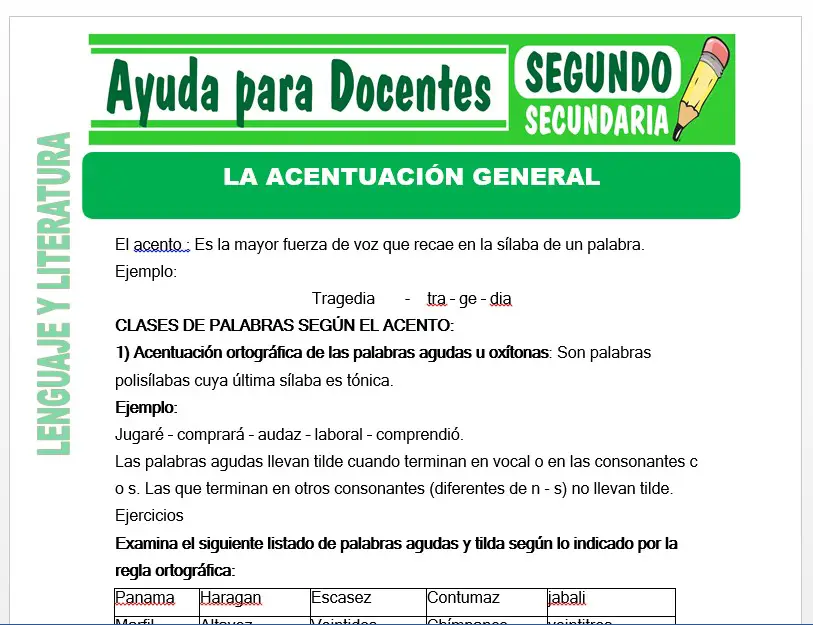 Modelo de la Ficha de La Acentuación General para Segundo de Secundaria