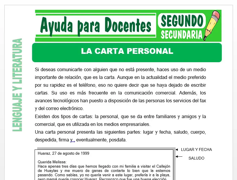 Modelo de la Ficha de La Carta Personal para Segundo de Secundaria