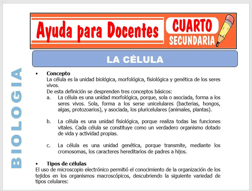 Modelo de la Ficha de La Célula para Cuarto de Secundaria