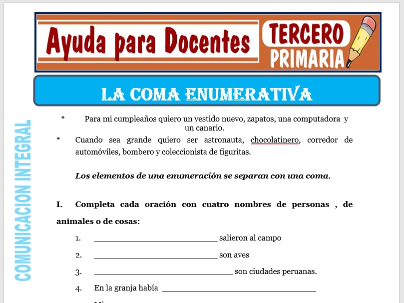 Modelo de la Ficha de La Coma Enumerativa para Tercero de Primaria Modelo de la Ficha de La Coma Enumerativa para Tercero de Primaria
