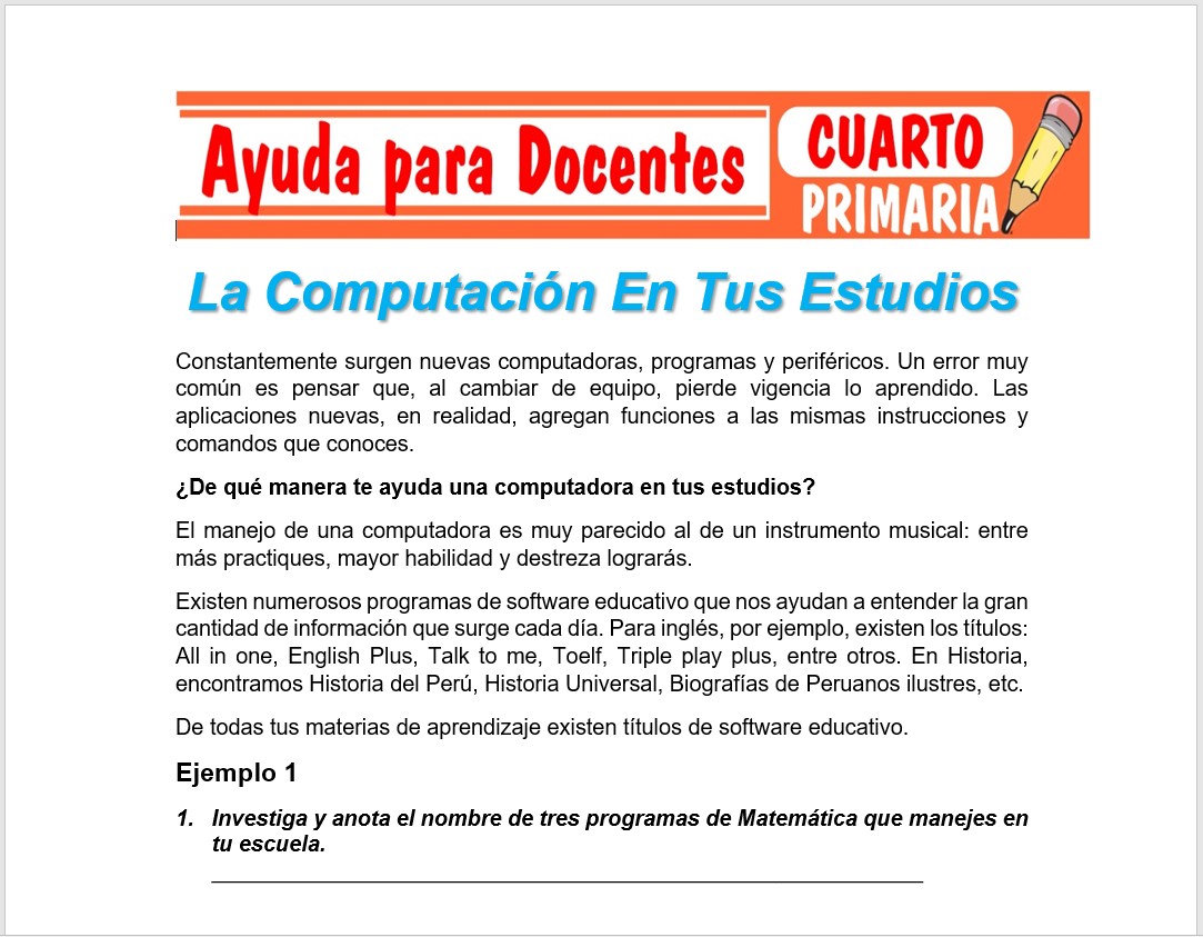 Modelo de la Ficha de La Computación En Tus Estudios para Cuarto de Primaria