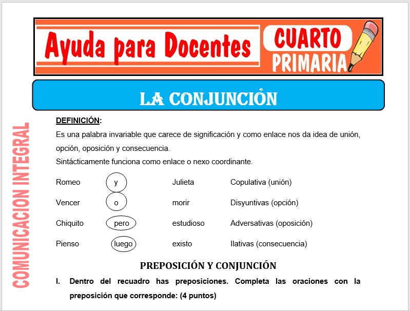 Modelo de la Ficha de La Conjunción para Cuarto de Primaria