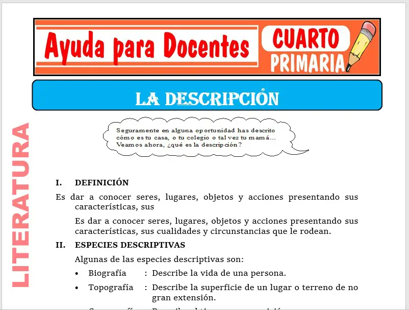 Modelo de la Ficha de La Descripción para Cuarto de Primaria Modelo de la Ficha de La Descripción para Cuarto de Primaria