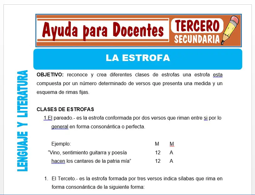 Modelo de la Ficha de La Estrofa para Tercero de Secundaria
