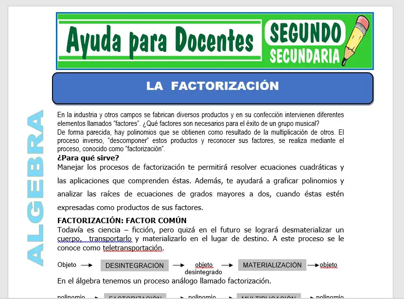 Modelo de la Ficha de La Factorización para Segundo de Secundaria
