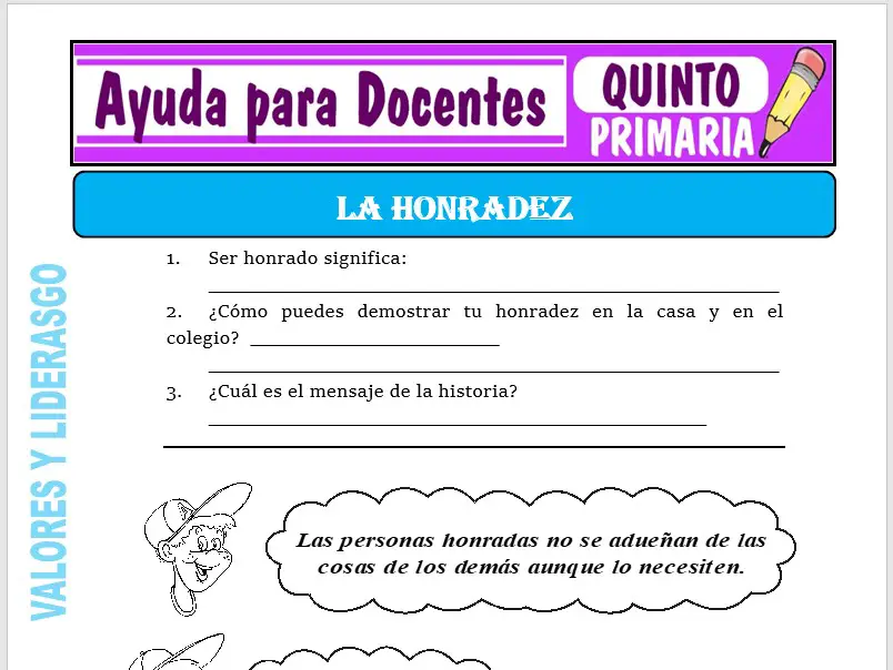 Modelo de la Ficha de La Honradez para Quinto de Primaria