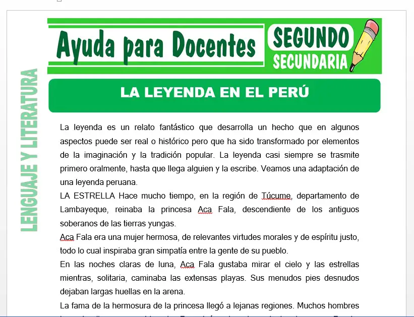 Modelo de la Ficha de La Leyenda en el Perú para Segundo de Secundaria
