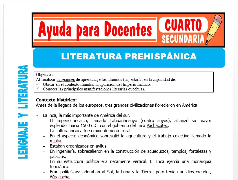 Modelo de la Ficha de La Literatura Prehispánica para Cuarto de Secundaria