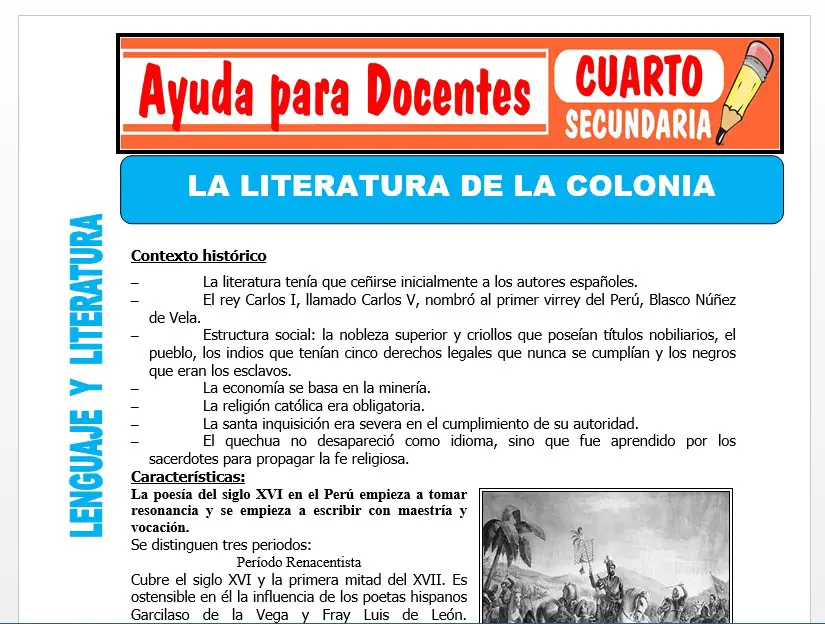Modelo de la Ficha de Literatura de la Colonia para Cuarto de Secundaria