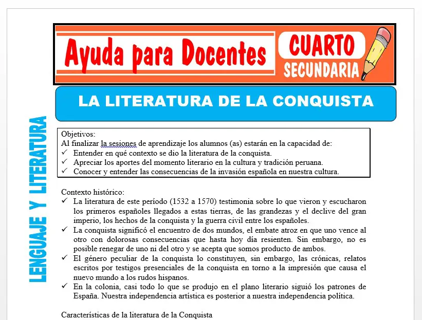 Modelo de la Ficha de La Literatura de la Conquista para Cuarto de Secundaria