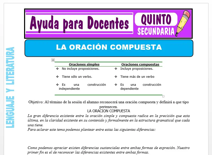 Modelo de la Ficha de La Oración Compuesta para Quinto de Secundaria
