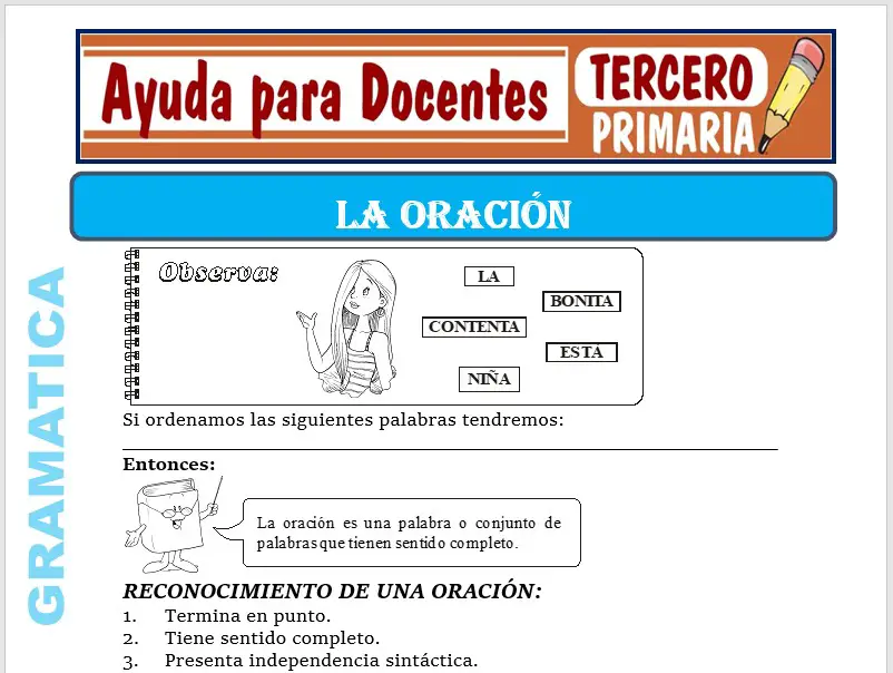 Modelo de la Ficha de La Oración para Tercero de Primaria