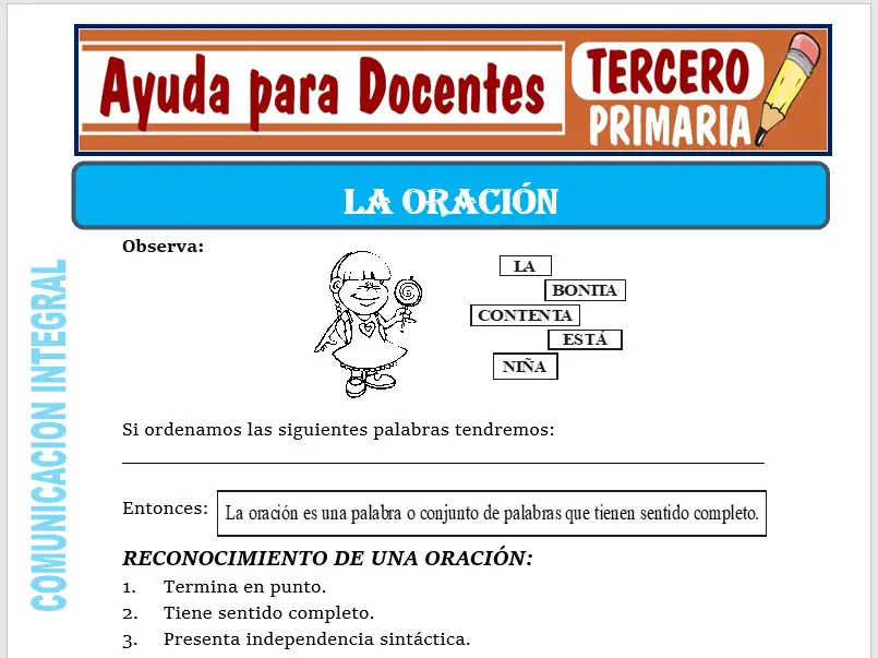 Modelo de la Ficha de La Oración para Tercero de Primaria