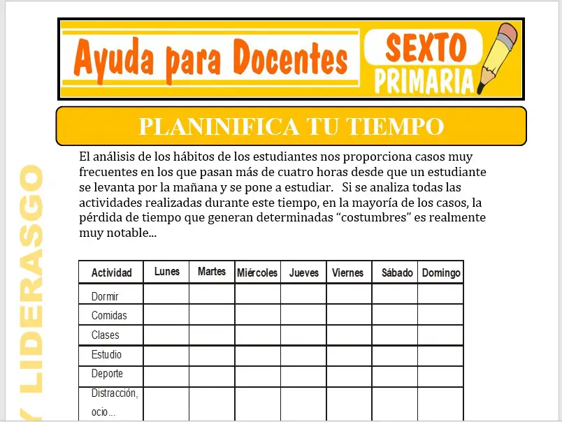 Modelo de la Ficha de Planifica tu Tiempo para Sexto de Primaria