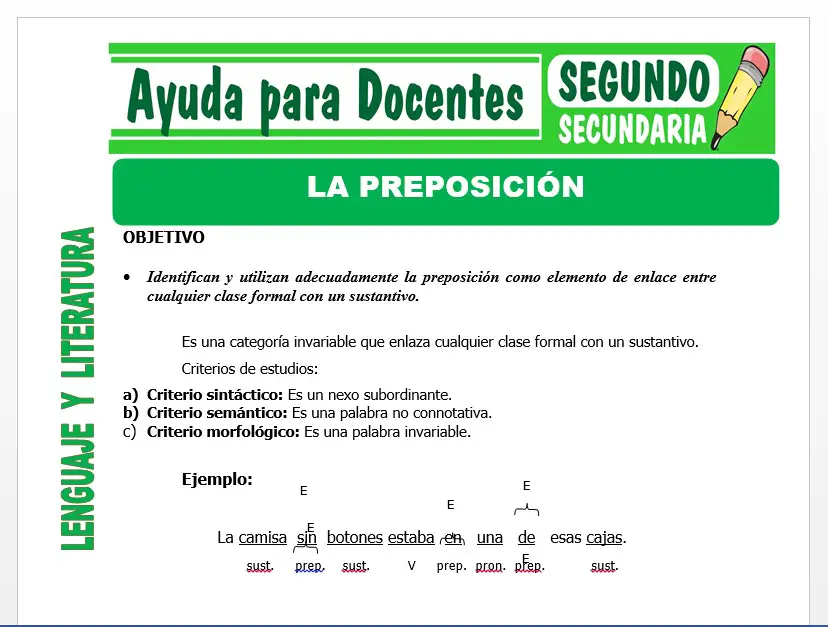 Modelo de la Ficha de La Preposición para Segundo de Secundaria