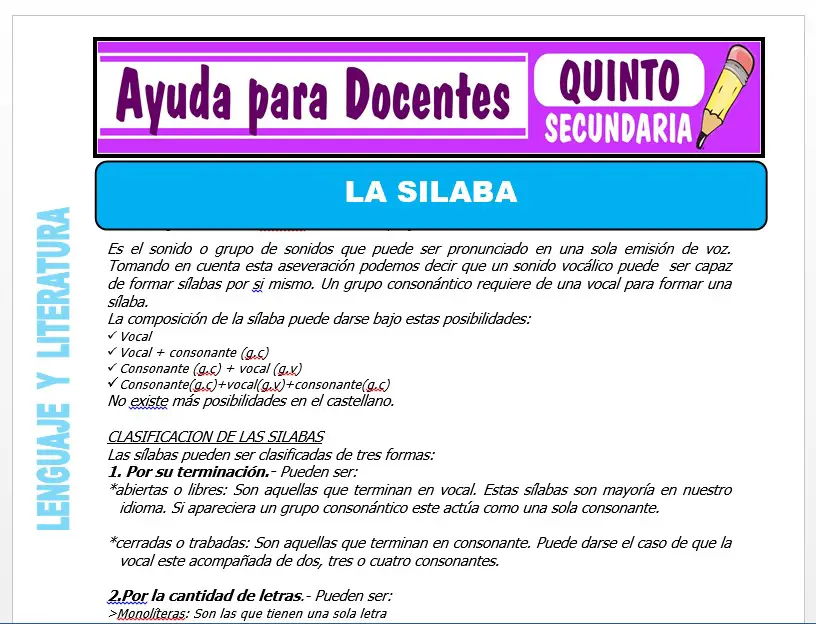 Modelo de la Ficha de La Silaba para Quinto de Secundaria