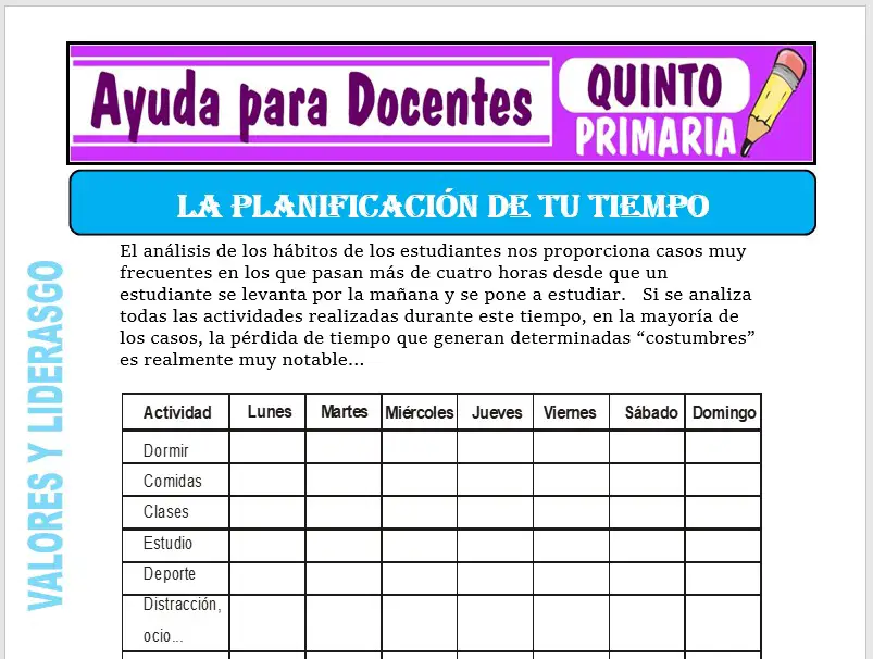 Modelo de la Ficha de La Planificación de tu Tiempo para Quinto de Primaria