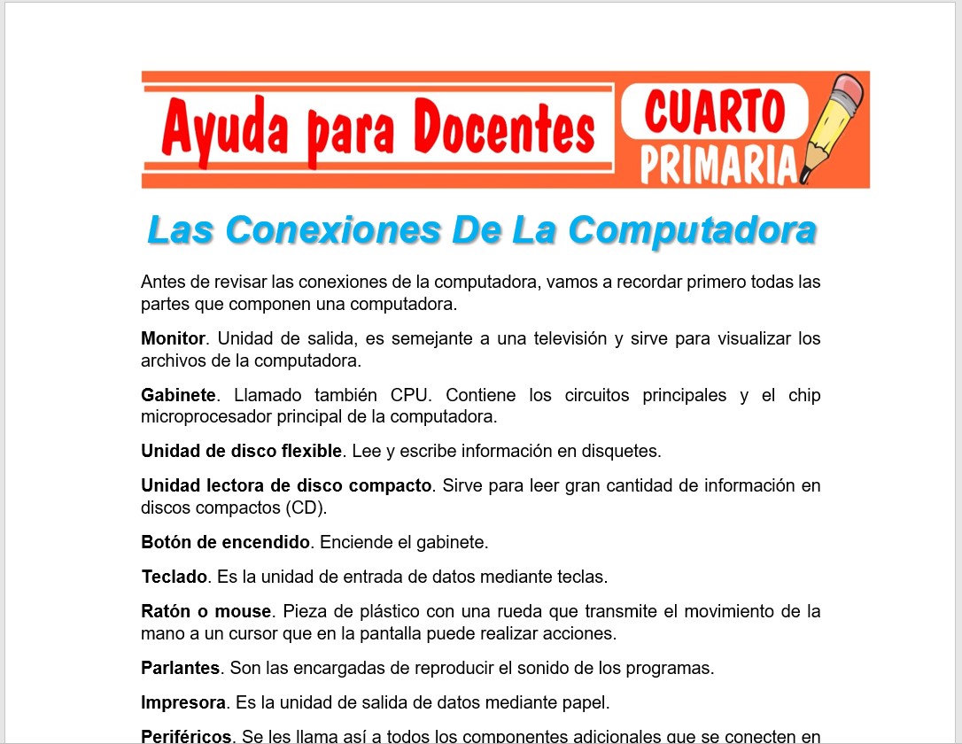 Modelo de la Ficha de Las Conexiones De La Computadora para Cuarto de Primaria