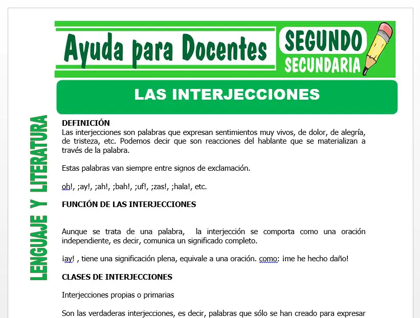 Modelo de la Ficha de Las Interjecciones para Segundo de Secundaria