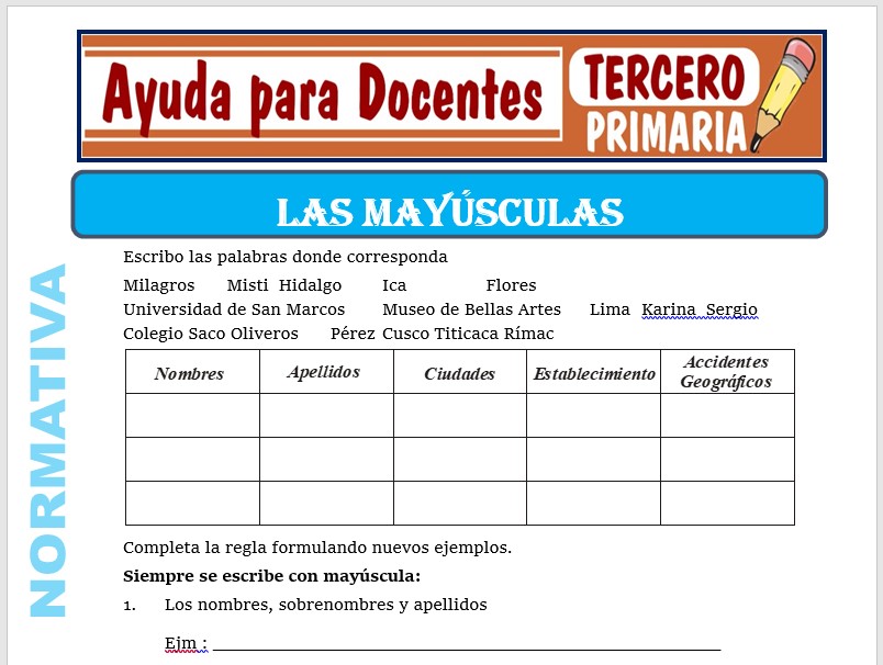 Modelo de la Ficha de Las Mayúsculas para Tercero de Primaria