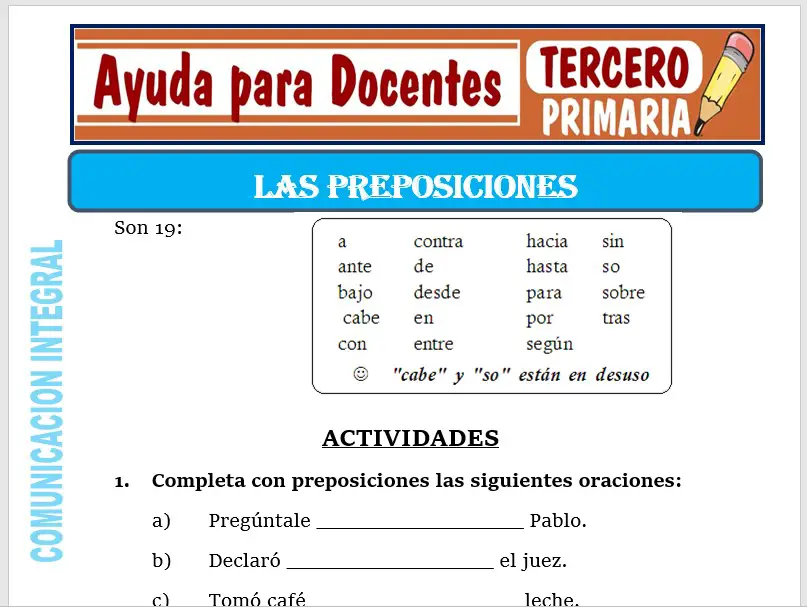Modelo de la Ficha de Las Preposiciones para Tercero de Primaria