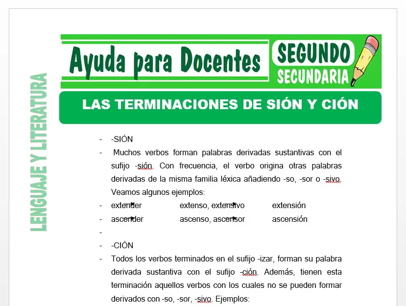 Modelo de la Ficha de Las Terminaciones SIÓN y CIÓN para Segundo de Secundaria