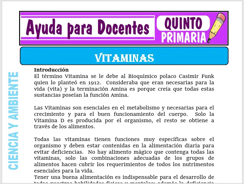 Modelo de la Ficha de Las Vitaminas para Quinto de Primaria