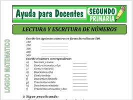 Modelo de la Ficha de Lectura y Escritura de Números para Segundo de Primaria