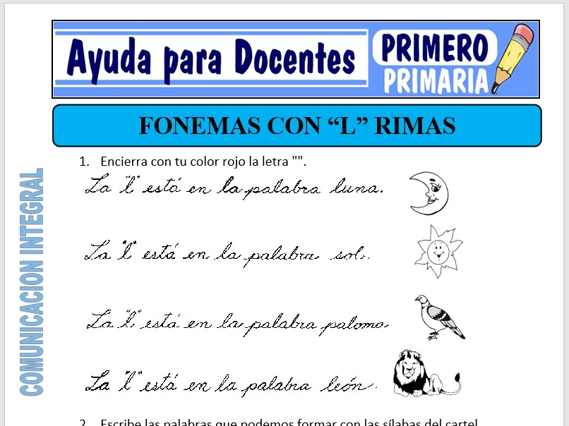 Modelo de la Ficha de Leemos la L - Lectura y Rimas para Primero de Primaria