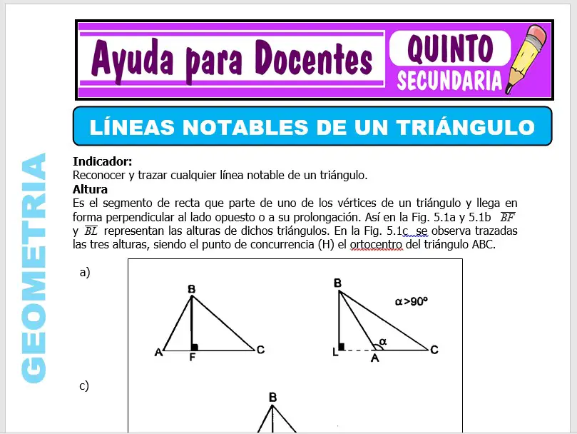 Modelo de la Ficha de Líneas Notables de un Triángulo para Quinto de Secundaria