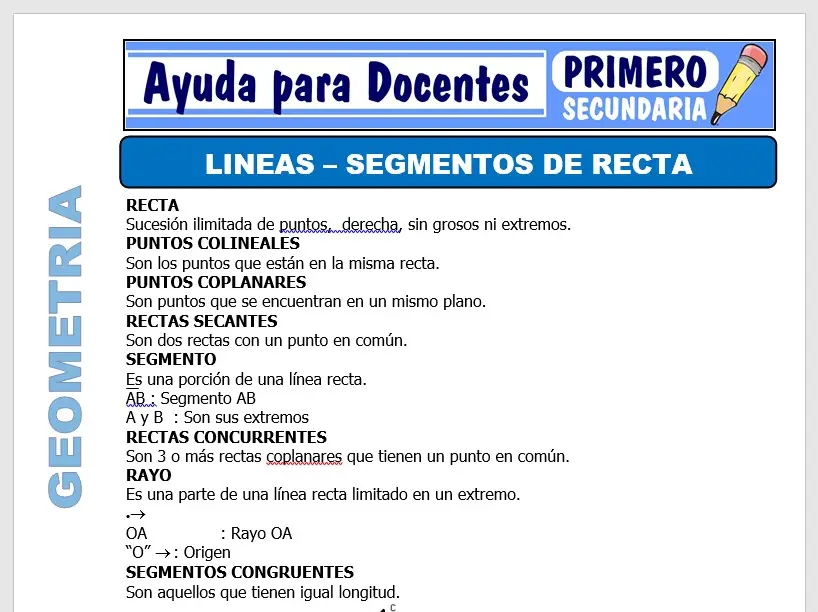 Modelo de la Ficha de Lineas y Segmentos en Recta para Primero de Secundaria