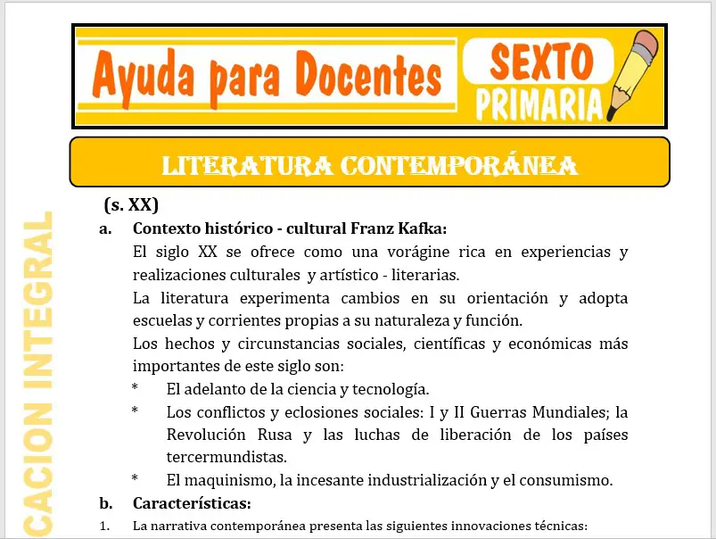 Modelo de la Ficha de Literatura Contemporánea para Sexto de Primaria Modelo de la Ficha de Literatura Contemporánea para Sexto de Primaria