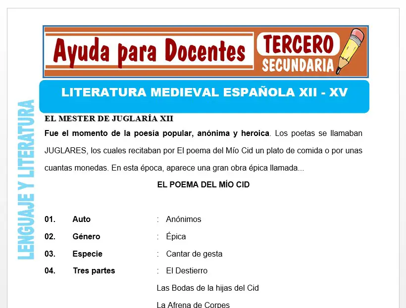 Modelo de la Ficha de La Literatura Medieval Española para Tercero de Secundaria