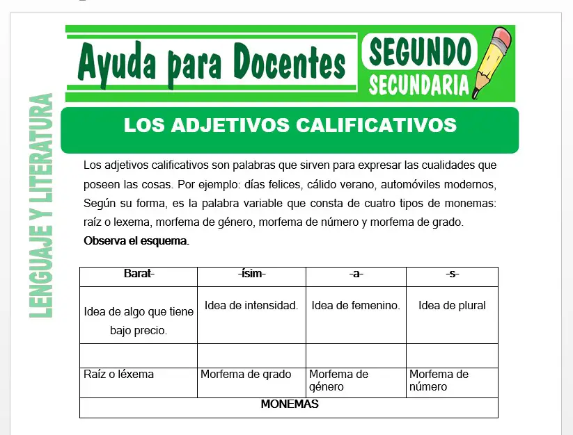 Modelo de la Ficha de Adjetivos Calificativos para Segundo de Secundaria