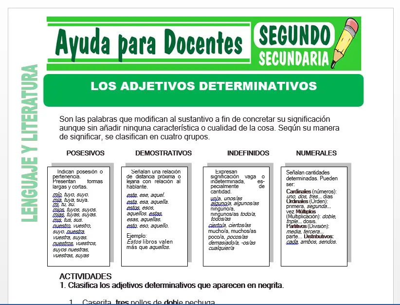 Modelo de la Ficha de Los Adjetivos Determinativos para Segundo de Secundaria