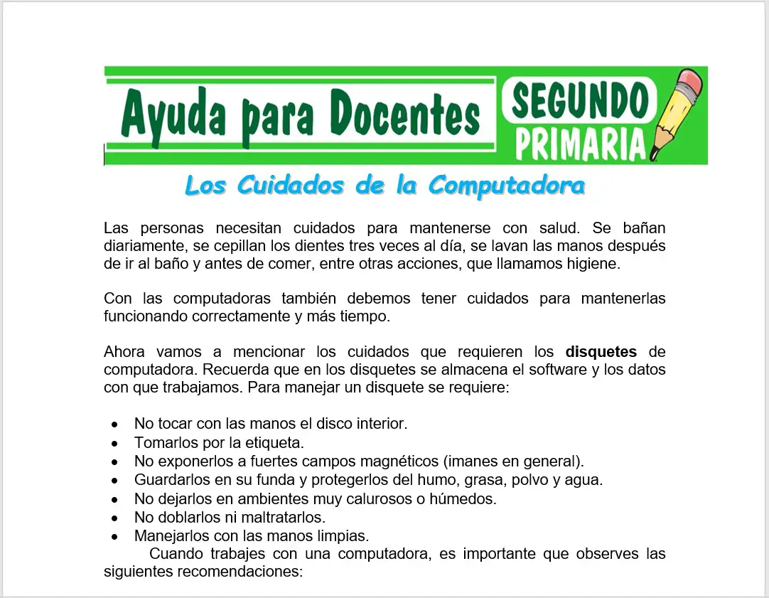 Modelo de la Ficha de Los Cuidados de la Computadora para Segundo de Primaria