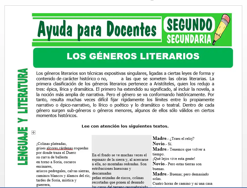 Modelo de la Ficha de Géneros Literarios para Segundo de Secundaria