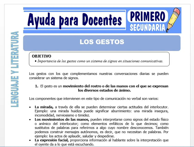 Modelo de la Ficha de Los Gestos para Primero de Secundaria