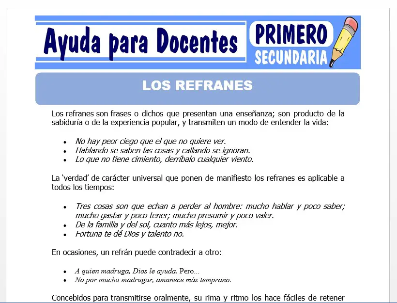 Modelo de la Ficha de Los Refranes para Primero de Secundaria