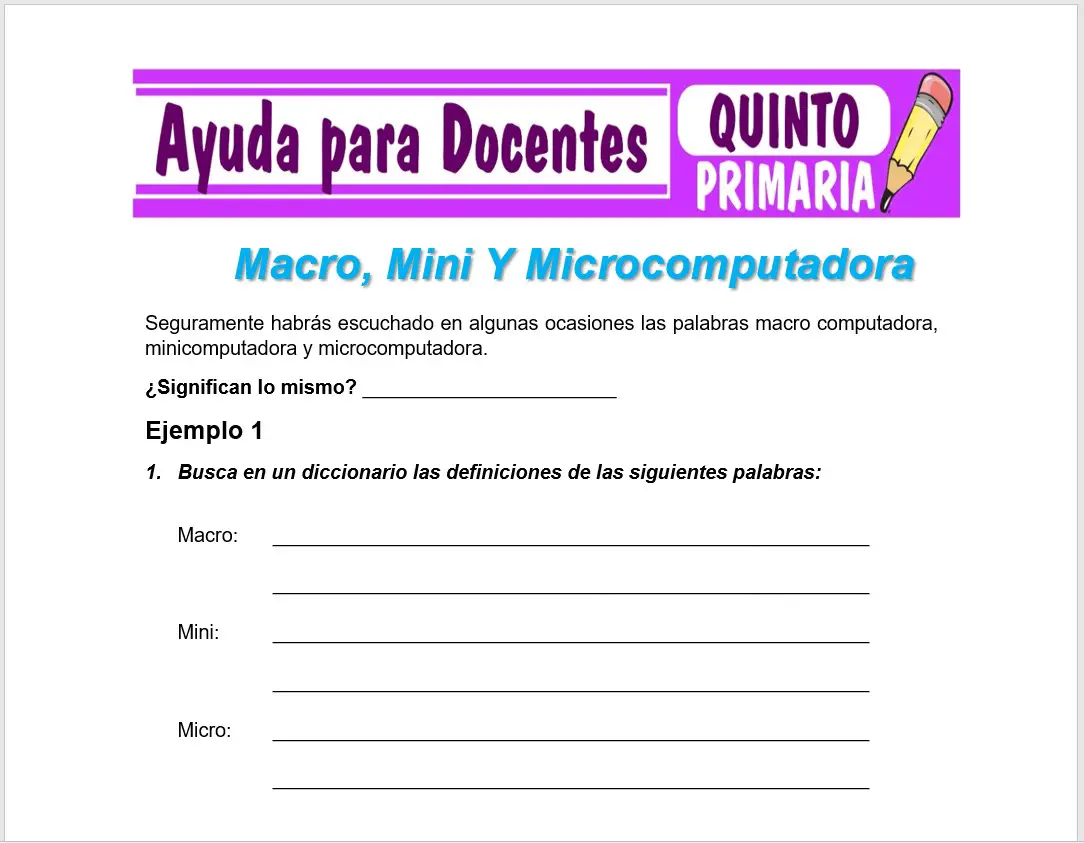 Modelo de la Ficha de Macro, Mini Y Microcomputadora para Quinto de Primaria